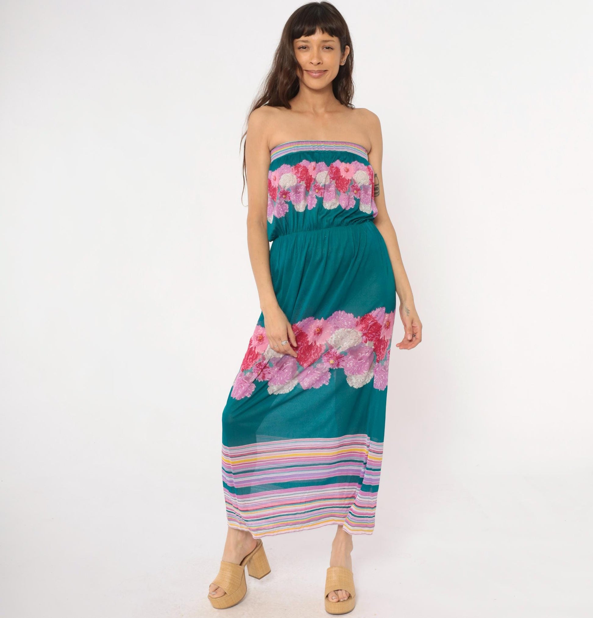 80s Teal Floral Strapless Maxi Dress Pink Purple Carnation Print Small S
