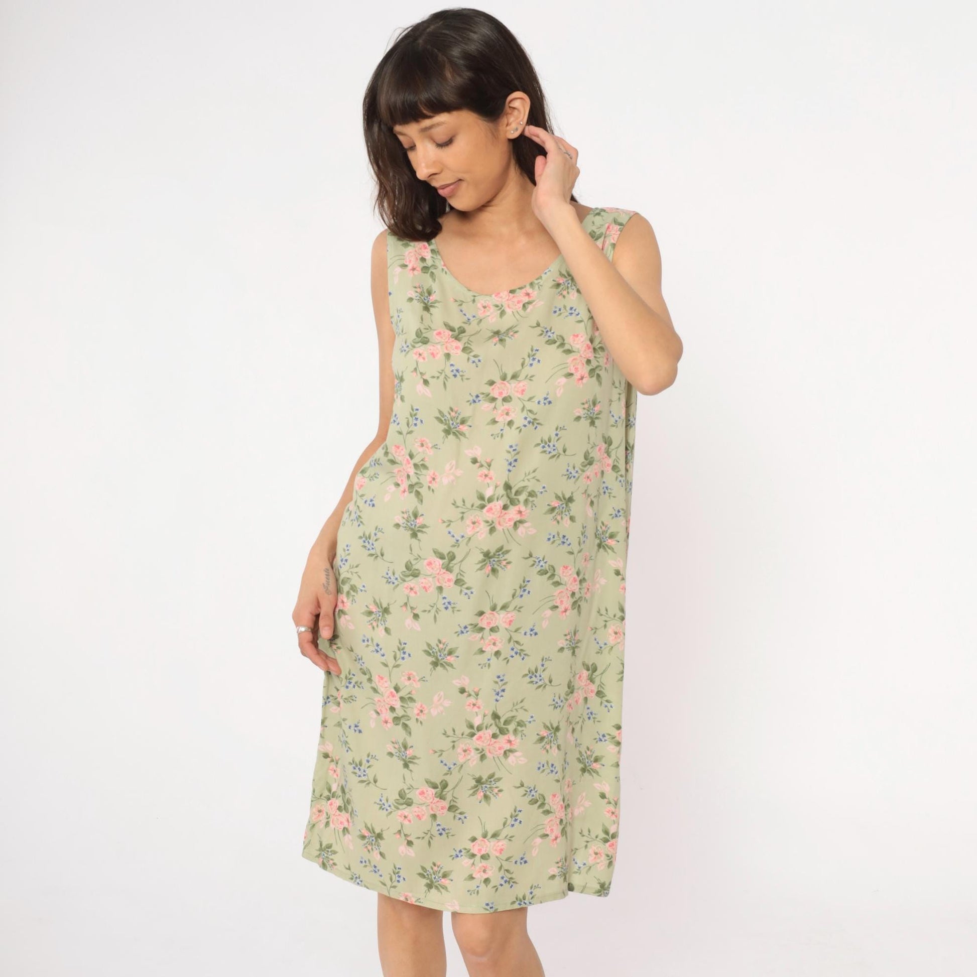 90s Lancaster Clothing Floral Shift Dress Sage Green Pink Roses Extra Large