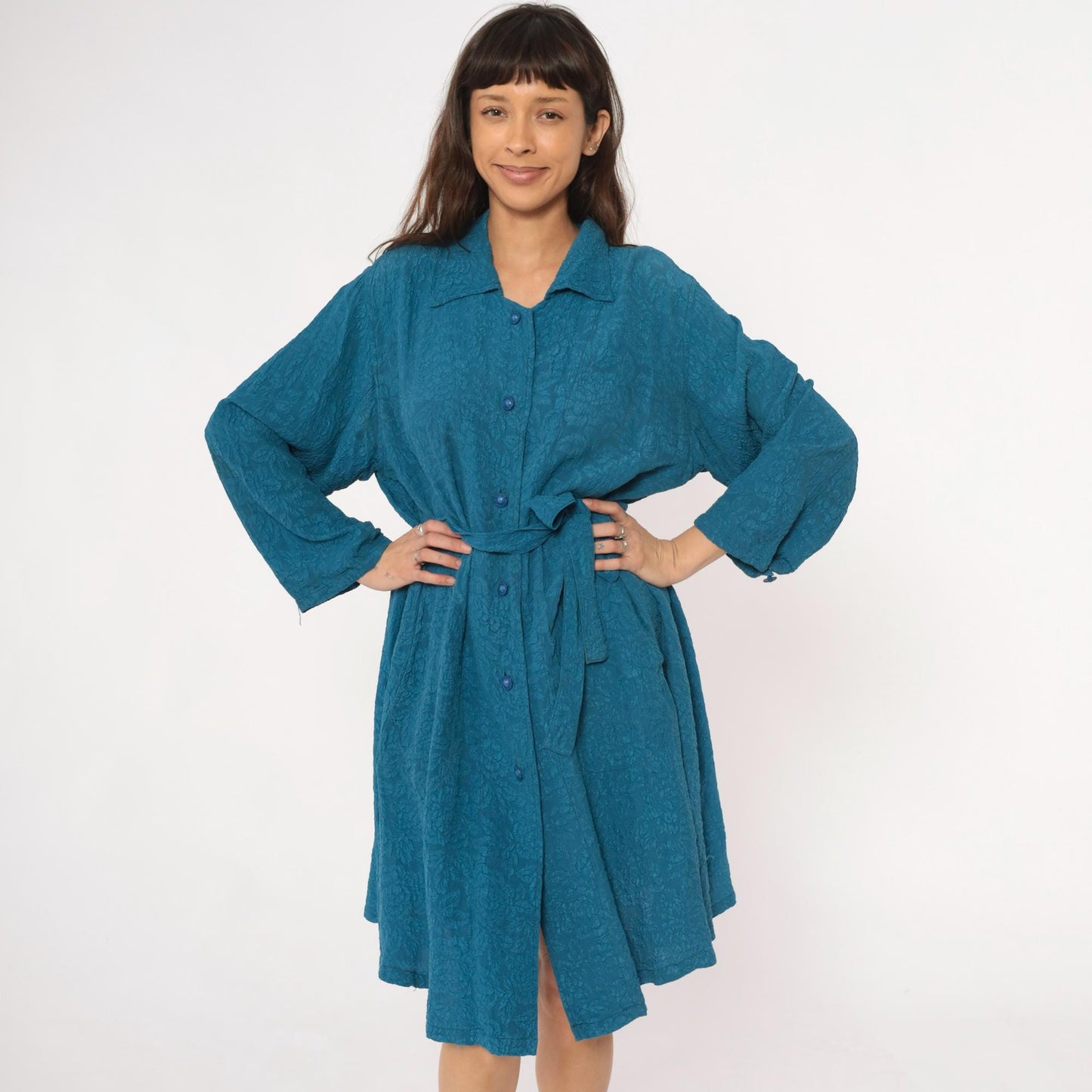 Y2K Teal Jacquard Floral Duster Robe Tie Belt Collared Long Sleeve Large