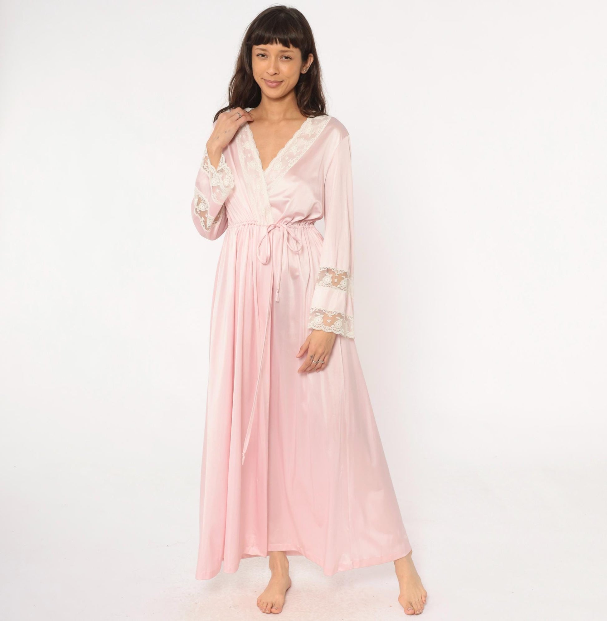 90s Pink Lace Wrap Robe Maxi Long Sleeve Tie Waist Nightgown Medium
