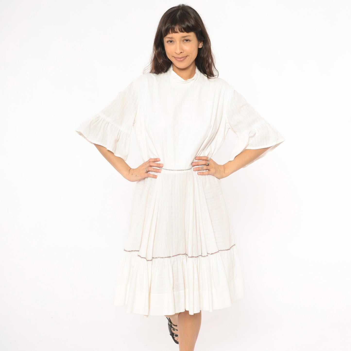 60s Ivory Prairie Dress Tiered Ruffle Bell Sleeve Cotton Knee Length Large L