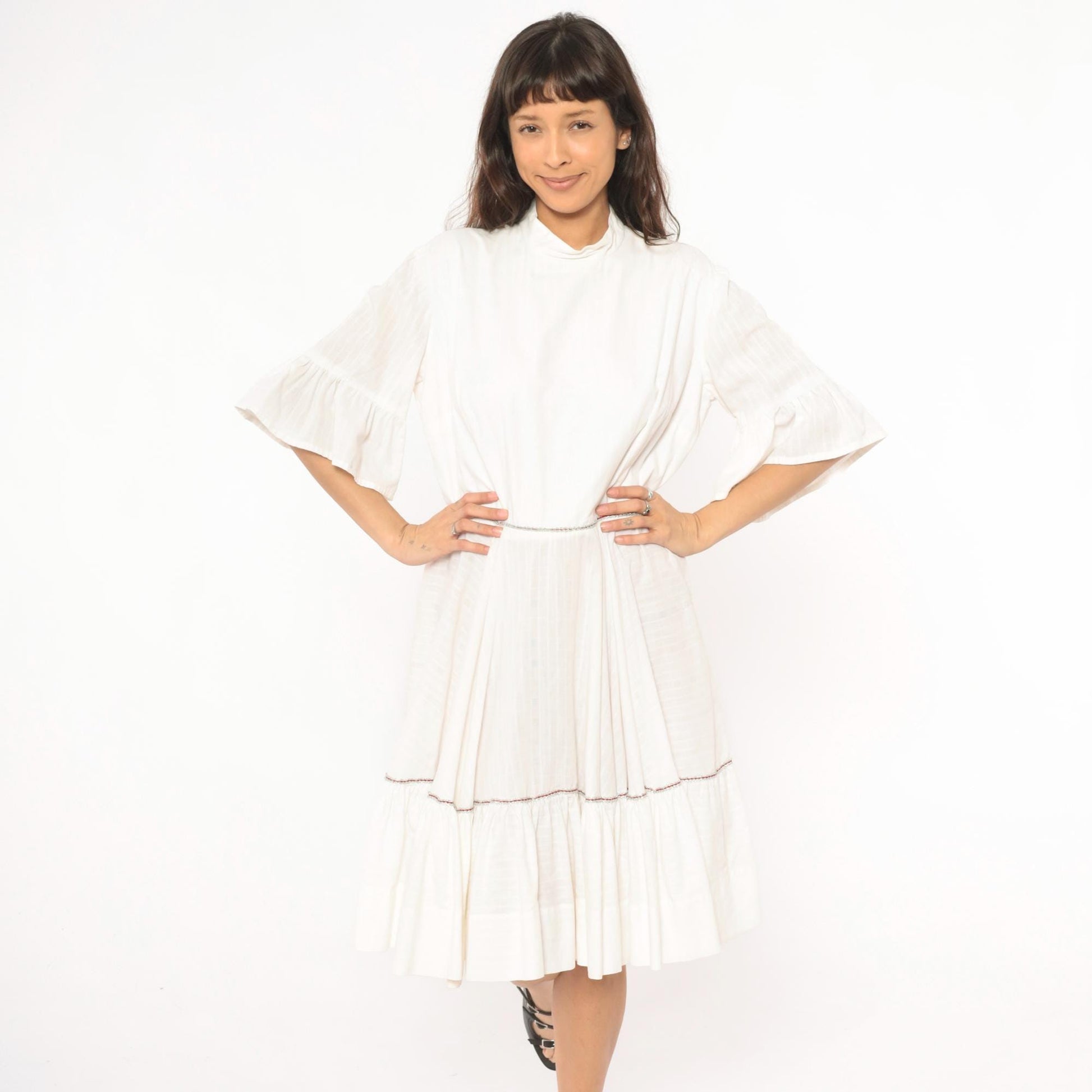60s Ivory Prairie Dress Tiered Ruffle Bell Sleeve Cotton Knee Length Large L