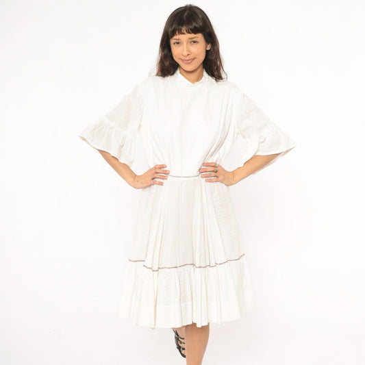 60s Ivory Prairie Dress Tiered Ruffle Bell Sleeve Cotton Knee Length Large L
