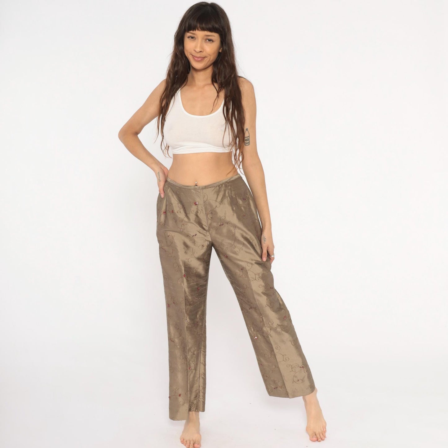 2000s Depeche Mode Silk Trousers Embroidered Floral Tan Low Rise Straight Medium M