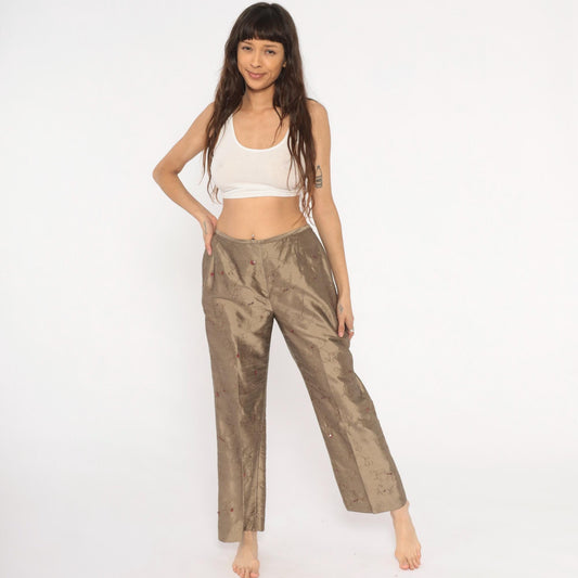 2000s Depeche Mode Silk Trousers Embroidered Floral Tan Low Rise Straight Medium M