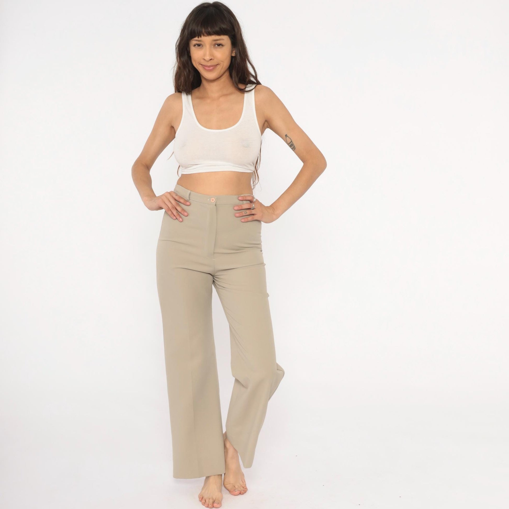 70s Rrrruss Tan Wide Leg Trousers High Waisted Straight Leg Small S