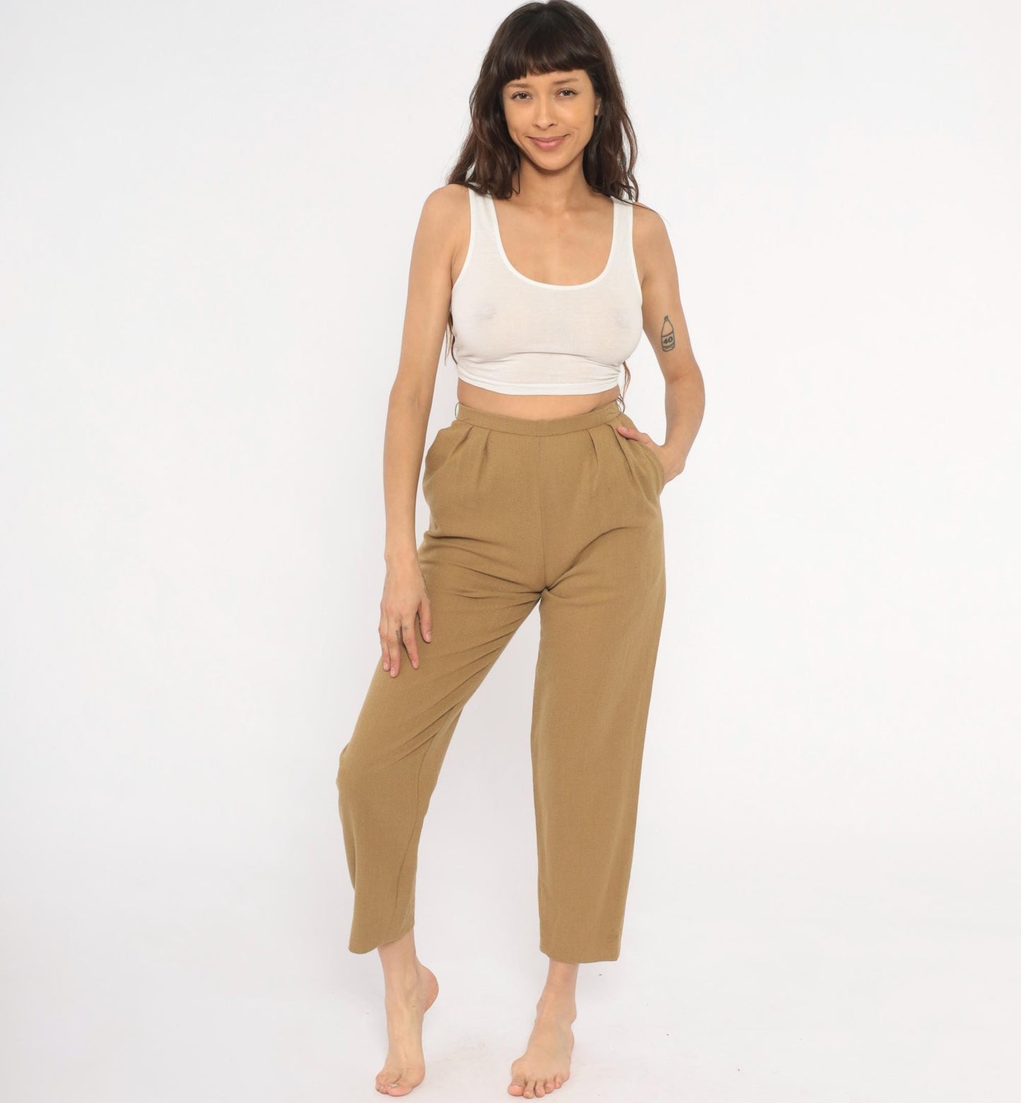 80s Tan Pleated High-Waist Wool Trousers Tapered Ankle Crop Extra Small