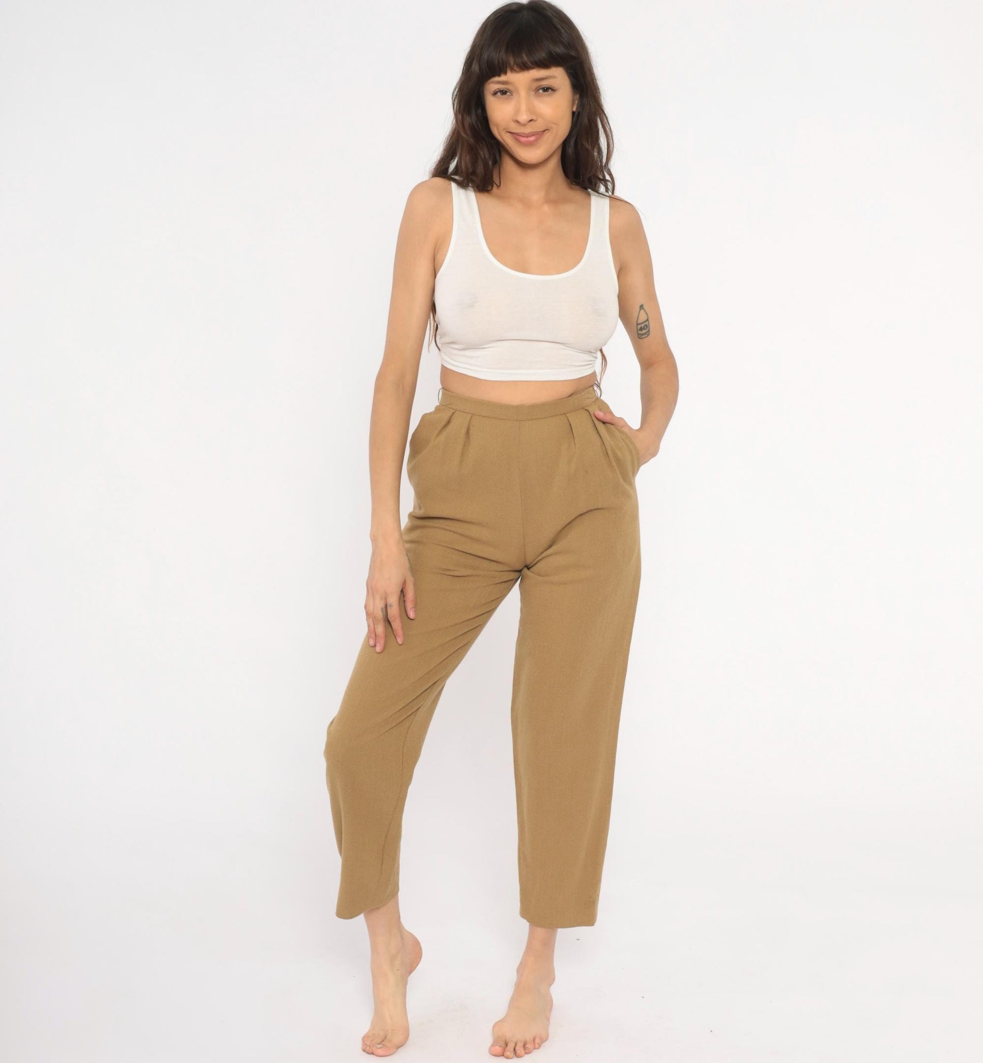 80s Tan Pleated High-Waist Wool Trousers Tapered Ankle Crop Extra Small