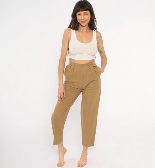 80s Tan Pleated High-Waist Wool Trousers Tapered Ankle Crop Extra Small
