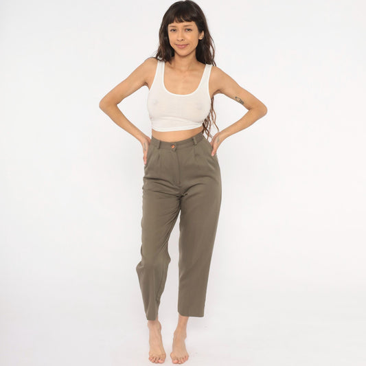80s Olive Pleated High-Waist Trousers Tapered Ankle Cropped Slacks Extra Small XS