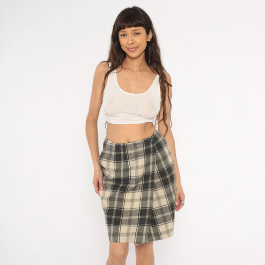 2000s Lands End Plaid Wool Mini Skirt Charcoal Cream Wrap Front Medium M