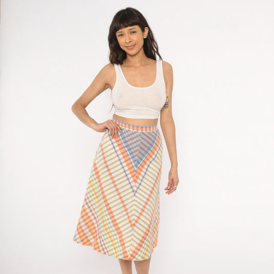70s The Villager Chevron Plaid Skirt Multicolor Midi Small S