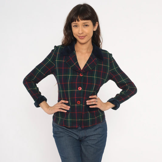 90s Dani Max Tartan Plaid Blazer Velvet Collar Navy Green Red Small S