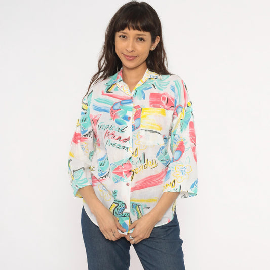 80s Touche LA Tropical Toucan Shirt White Pink Teal Bird Print Large L