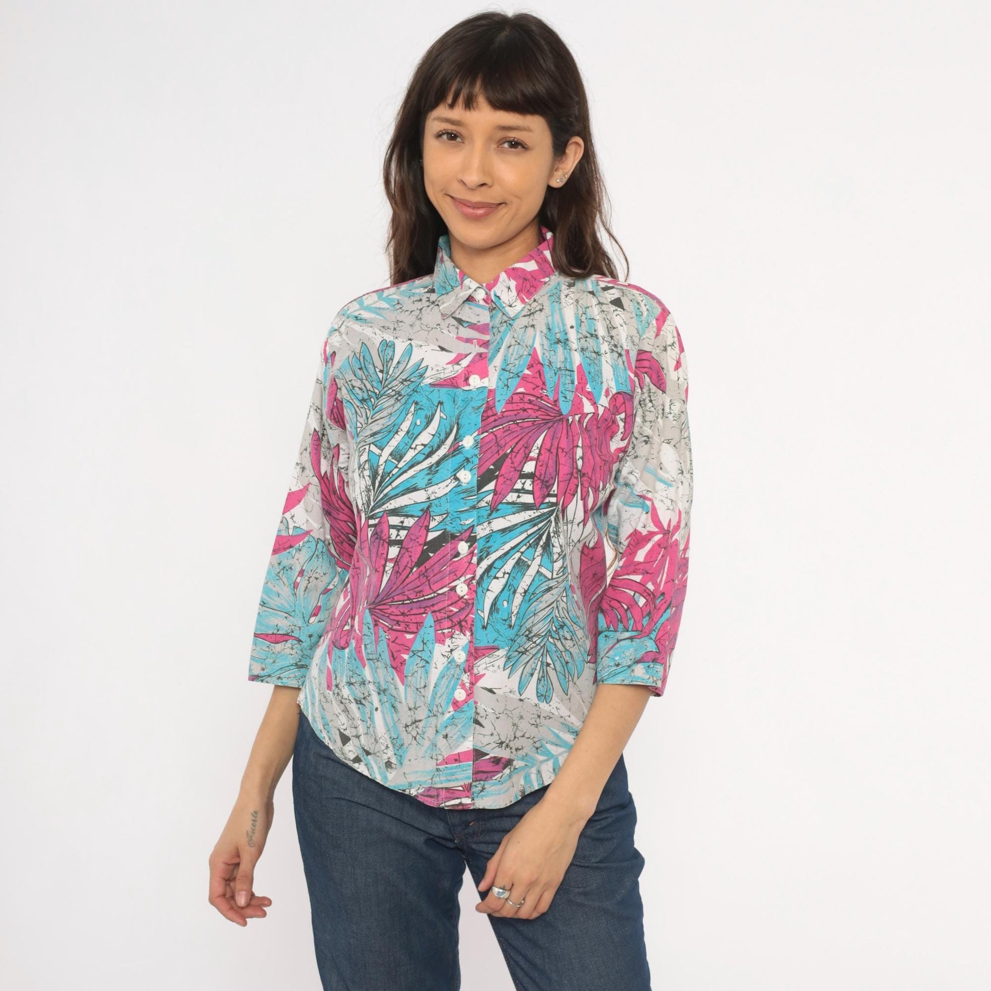 90s Tropical Batik Button Blouse Pink Teal Palm Leaf Three Quarter Sleeve Medium M