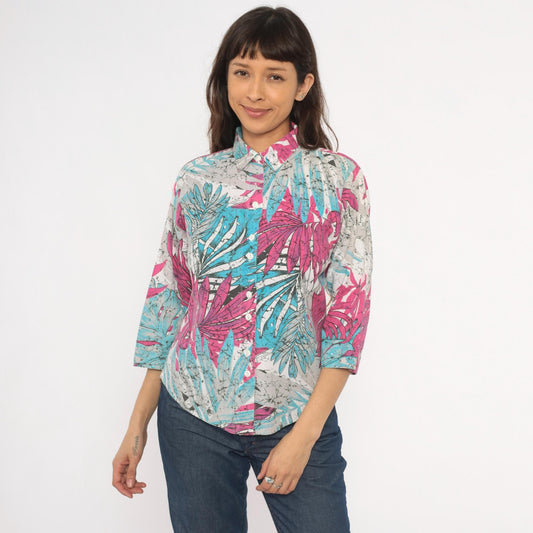 90s Tropical Batik Button Blouse Pink Teal Palm Leaf Three Quarter Sleeve Medium M