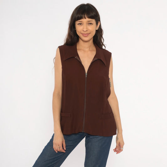 90s New Woman Brown Ribbed Knit Vest Pointed Collar Zip-Front Extra Large XL