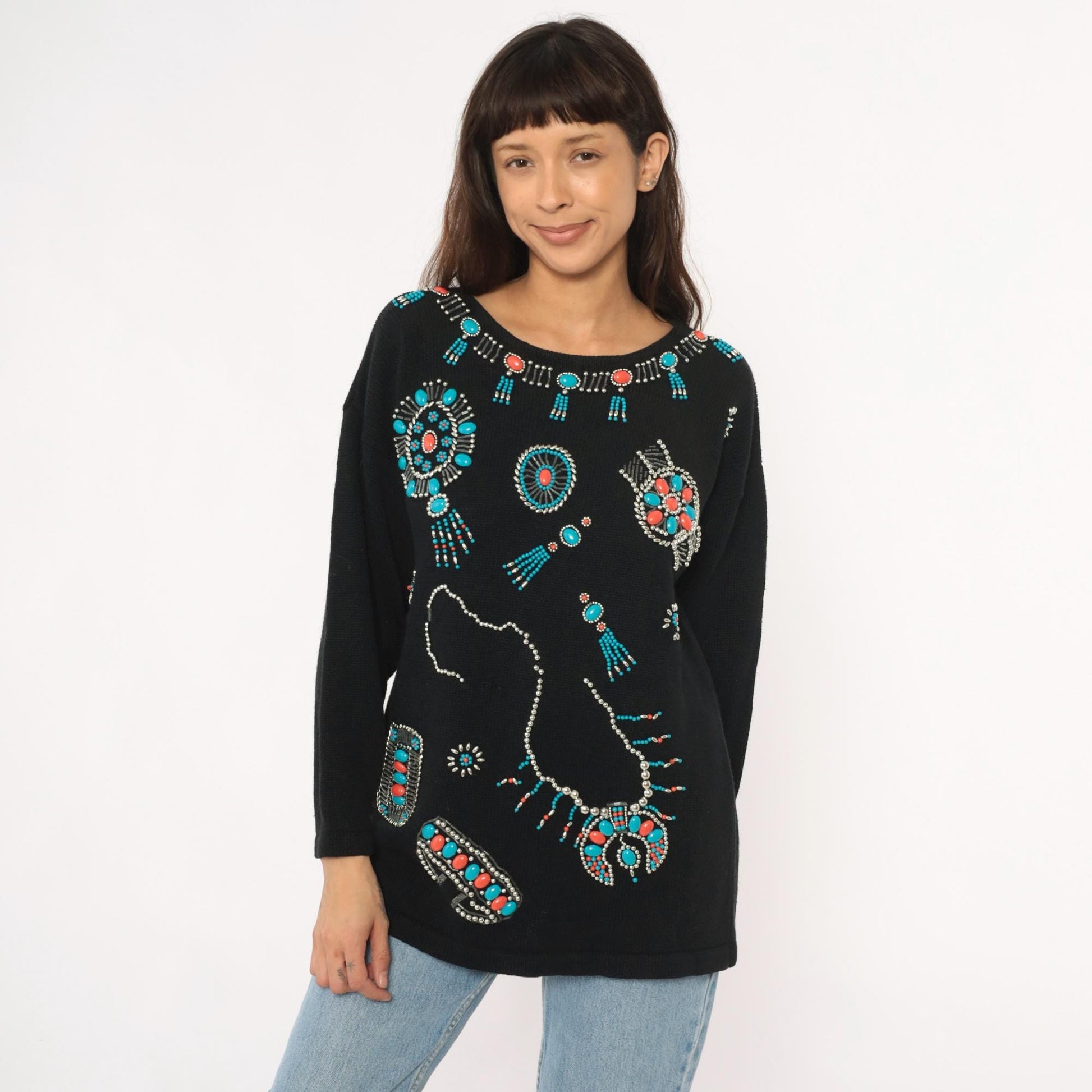 90s Victoria Jones Southwestern Sweatshirt Black Beaded Turquoise Coral Large L