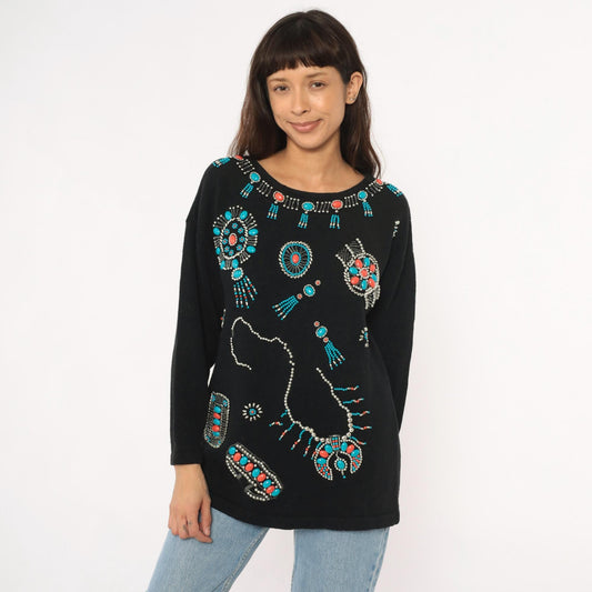 90s Victoria Jones Southwestern Sweatshirt Black Beaded Turquoise Coral Large L