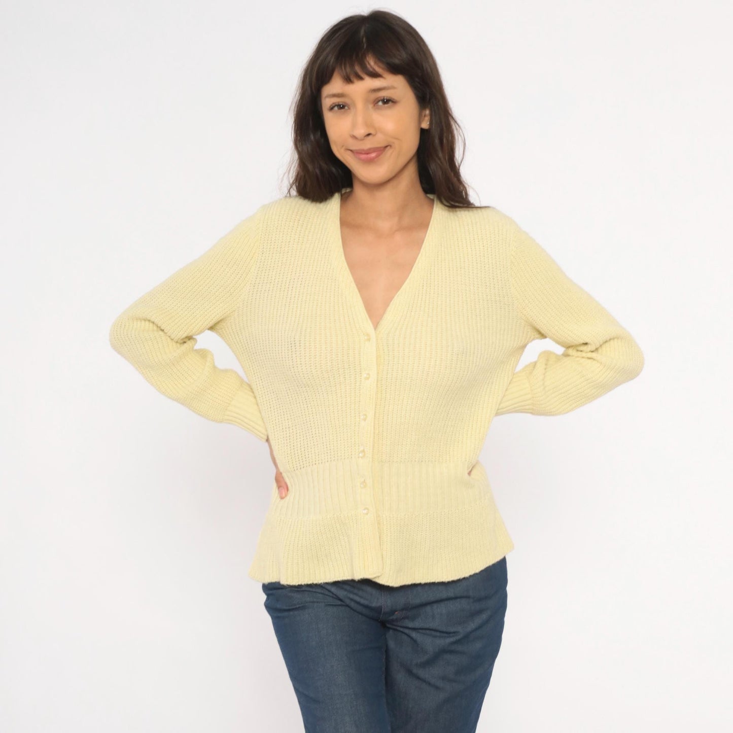 70s Avon Fashions Cardigan Sweater V Neck Cream Ribbed Knit Medium M