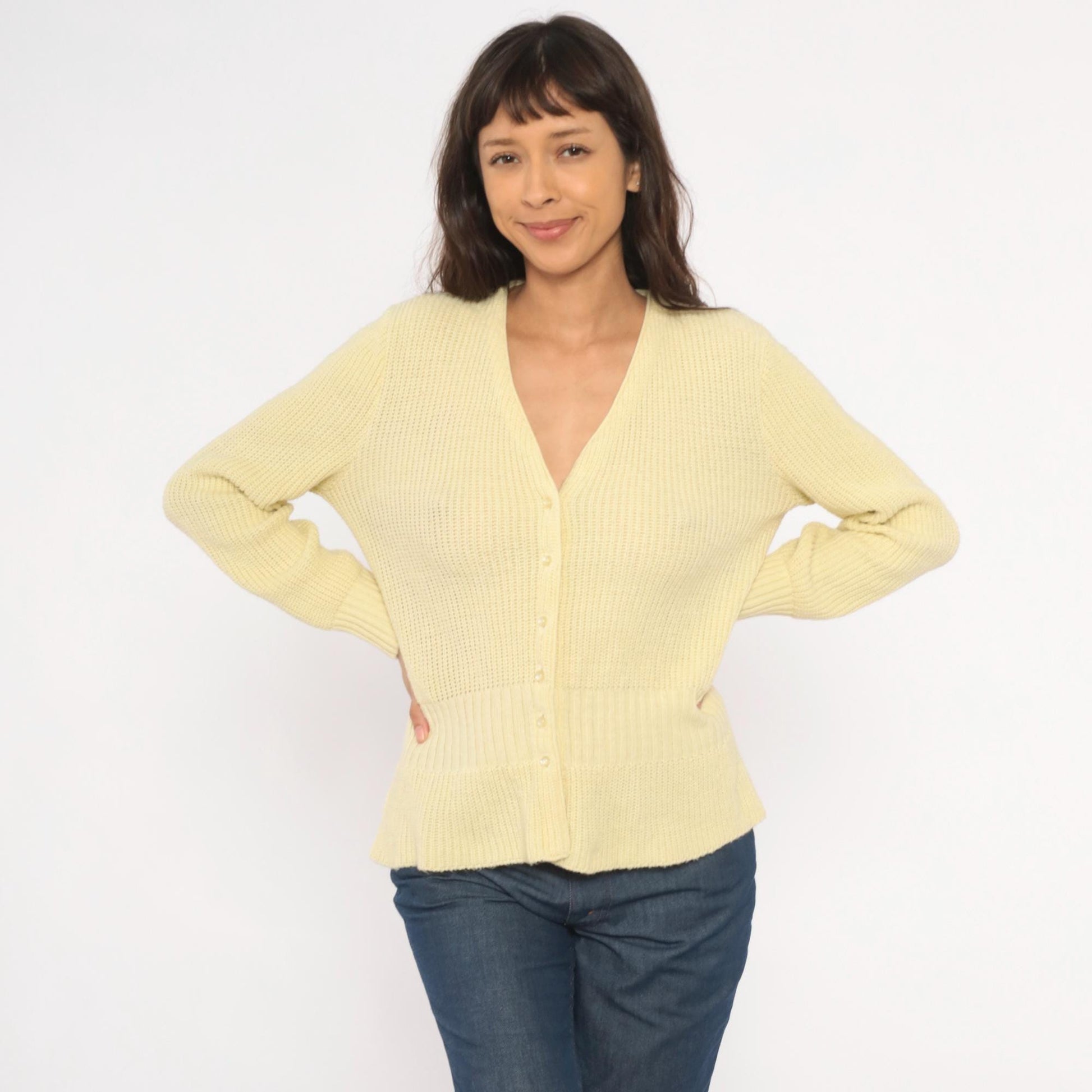 70s Avon Fashions Cardigan Sweater V Neck Cream Ribbed Knit Medium M