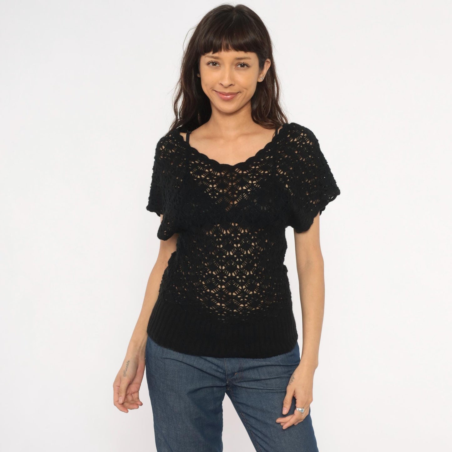2000s CoolWear Black Crochet Top Scalloped V-Neck Short Sleeve Medium M