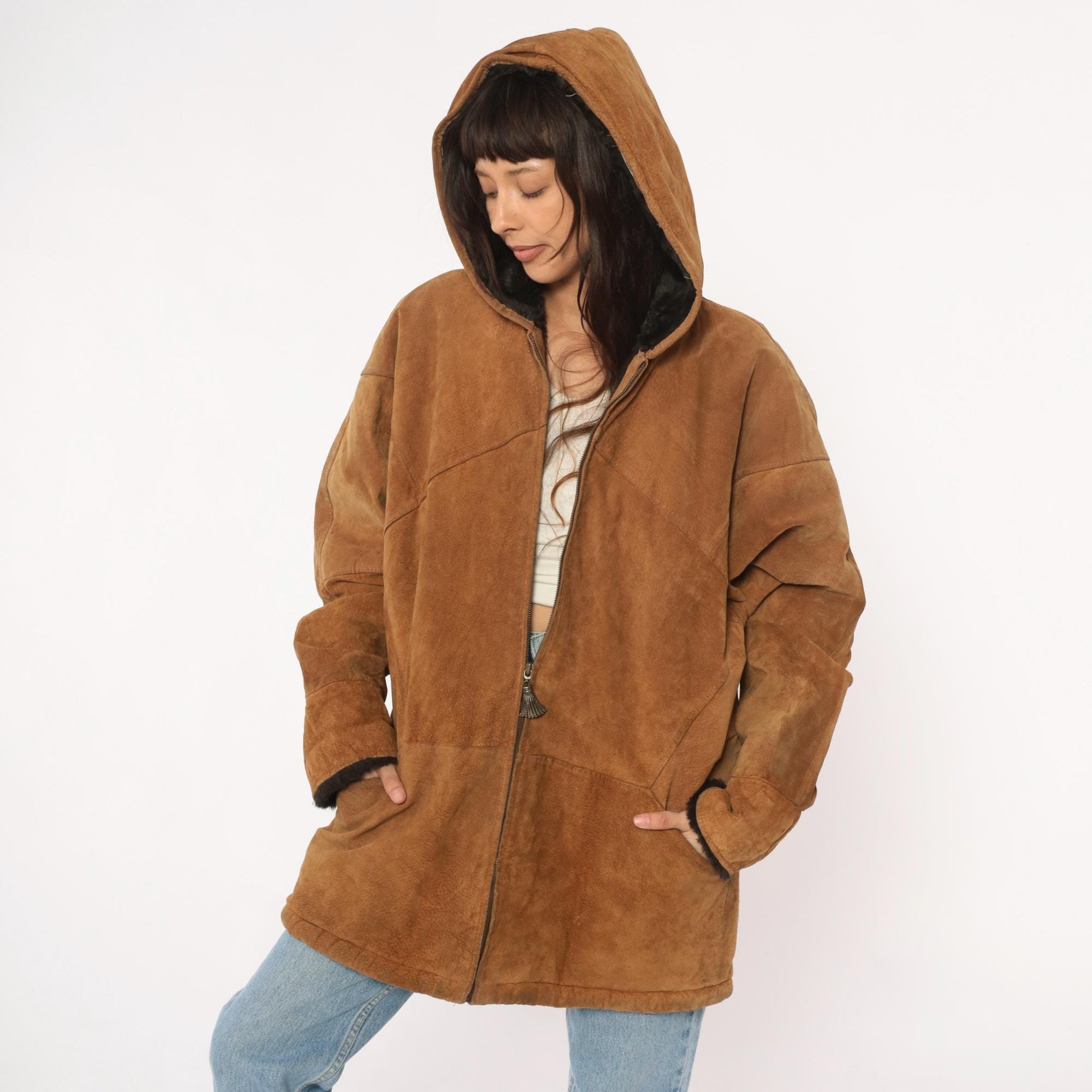 90s Tan Leather Hooded Jacket Faux Fur Lining Black Trim Large L