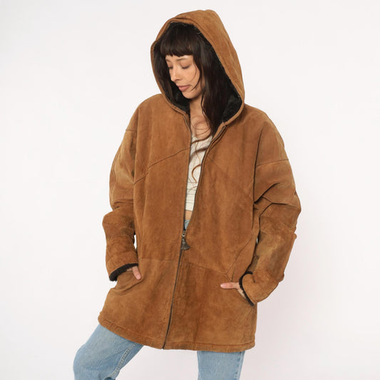 90s Tan Leather Hooded Jacket Faux Fur Lining Black Trim Large L
