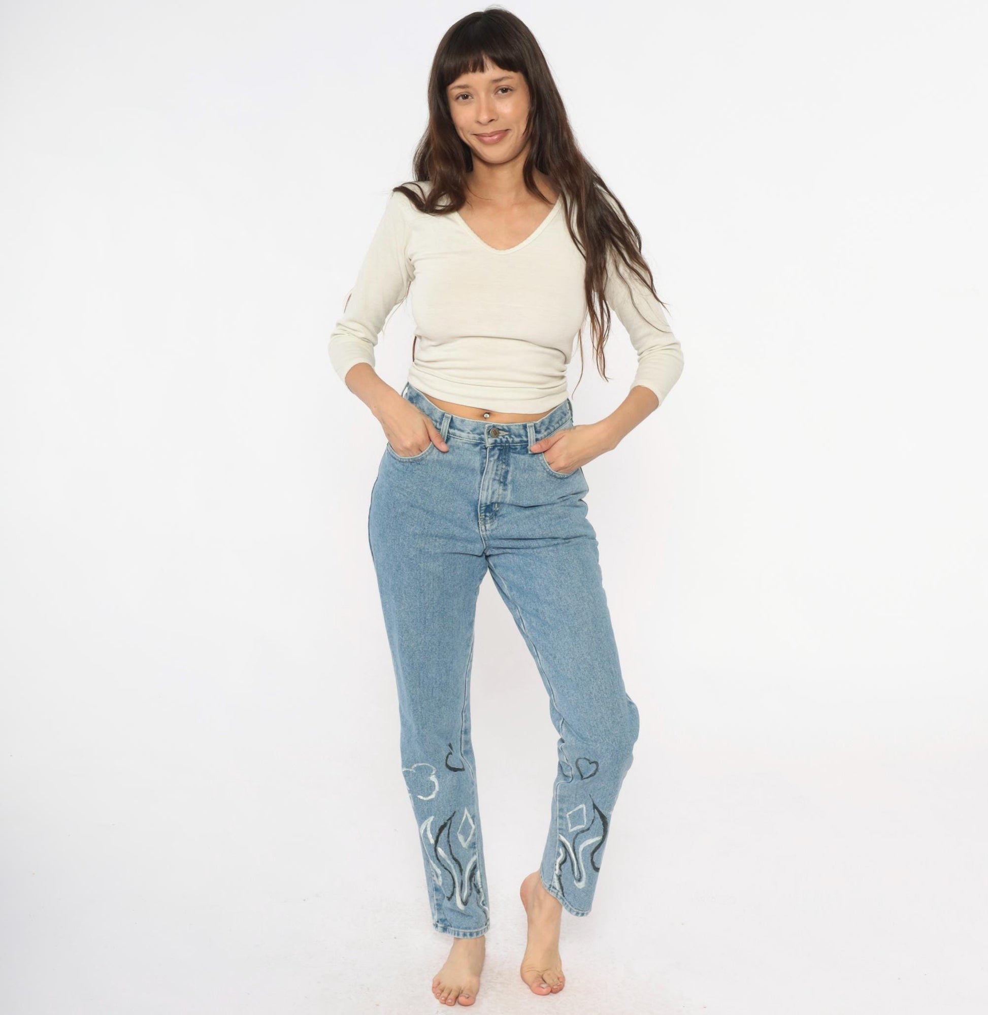 Y2K Light Wash Flame Painted Jeans High Waisted Straight Leg Size 6