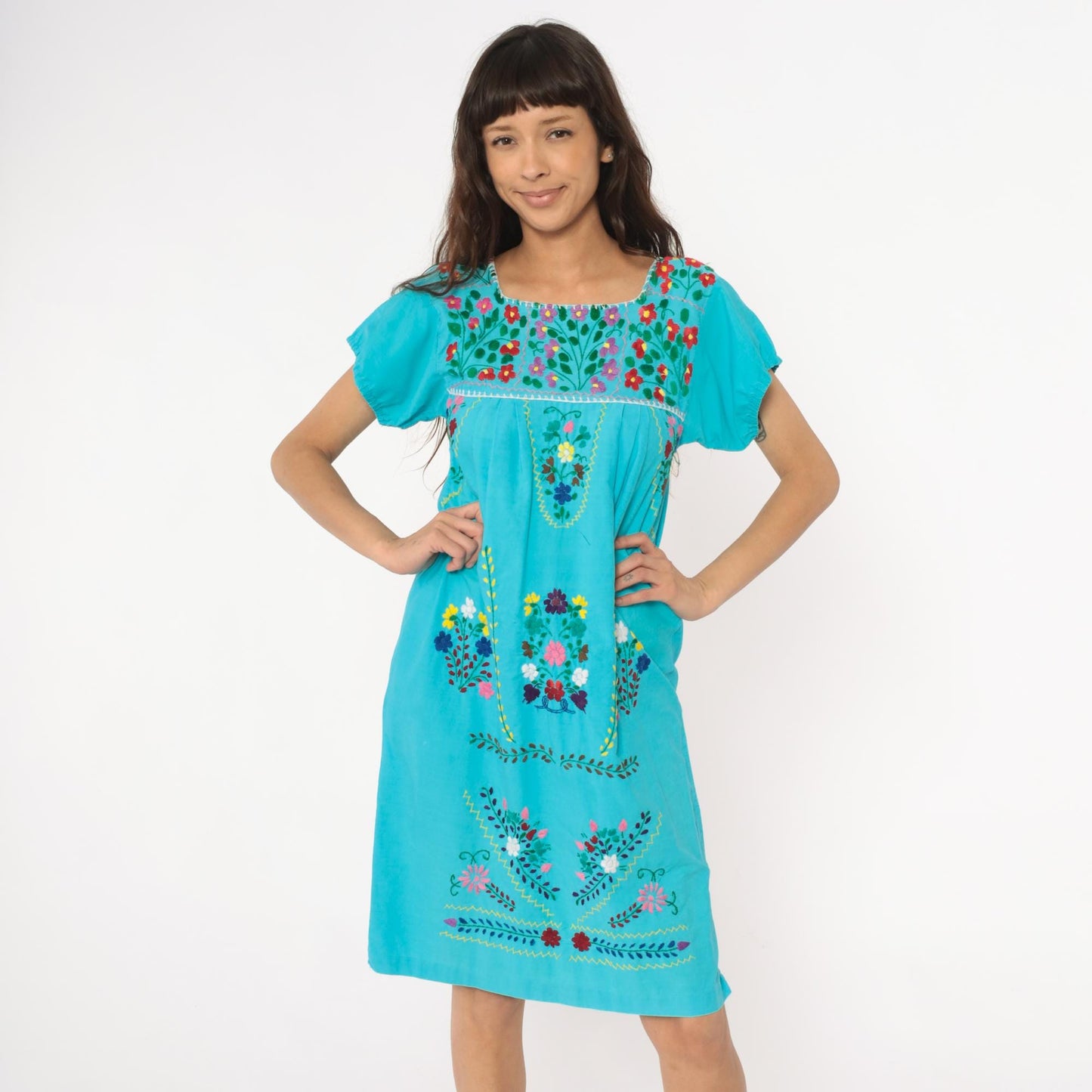 80s Mexican Embroidered Turquoise Cotton Dress Floral Empire Waist Extra Small XS