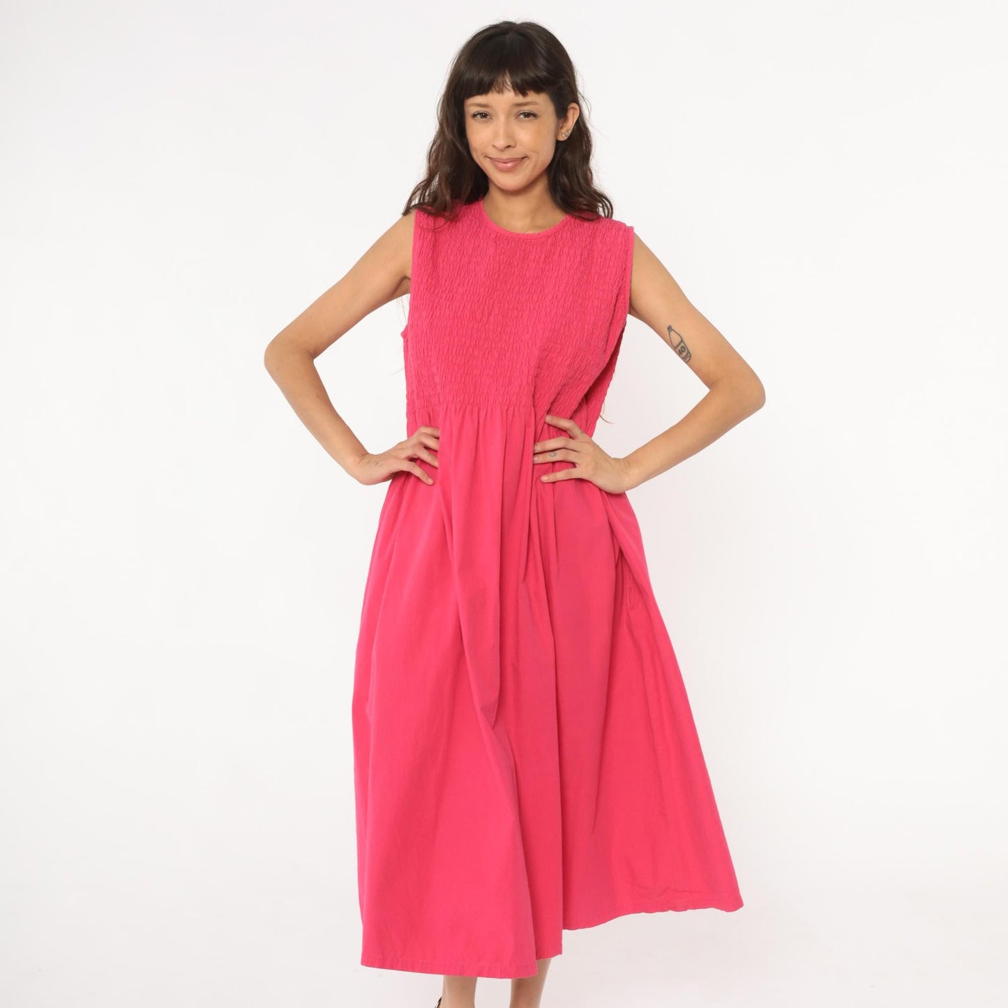 Y2K Coral Pink Maxi Dress Smocked Bodice Cotton Sleeveless Large