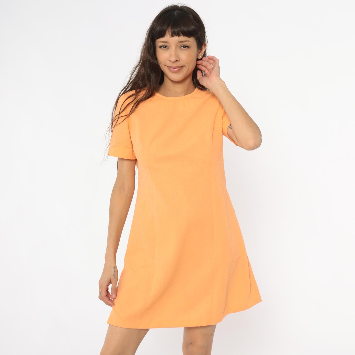 70s Peach Shift Dress A-Line Crew Neck Short Sleeve Knee Length Medium