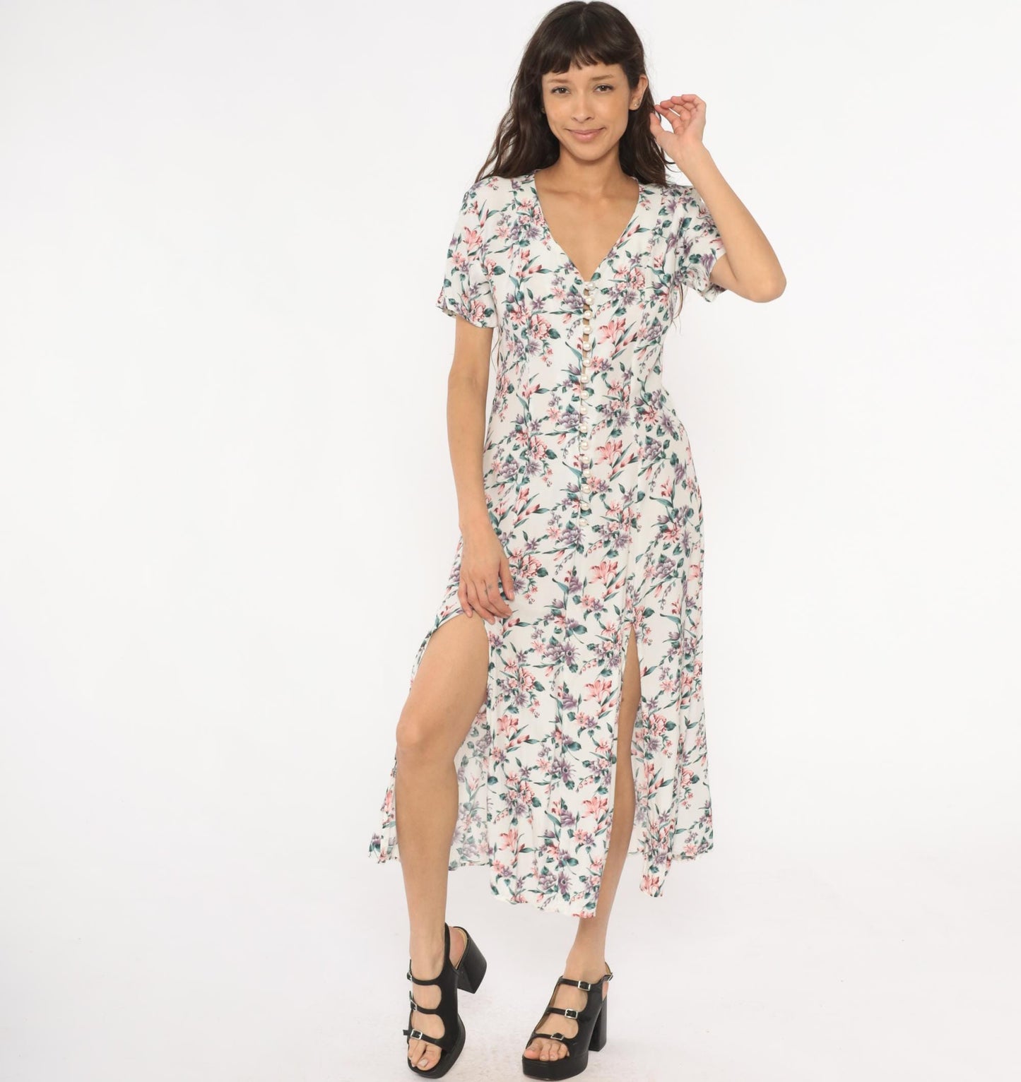 90s Floral Midi Dress Cream Rayon V-Neck Short Sleeve Front Slit Small