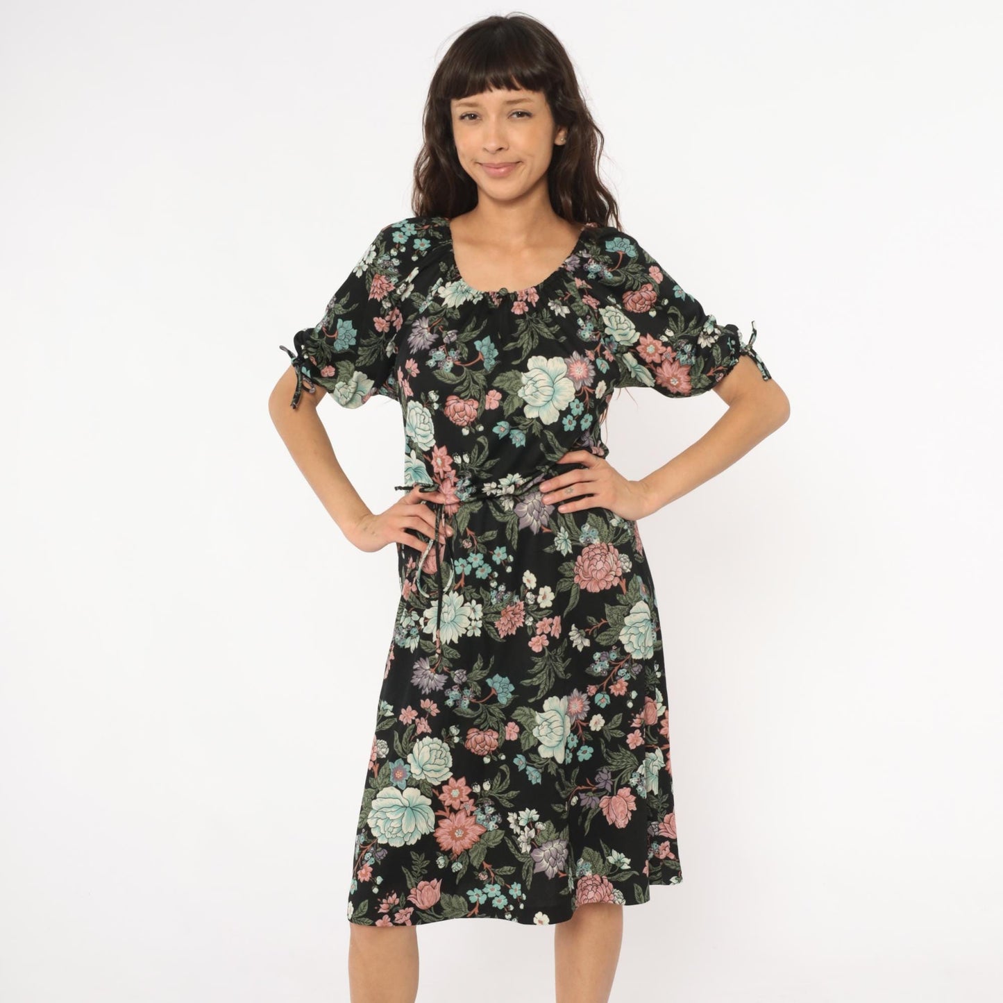 70s Black Floral Midi Dress Mint Pink Coral Tie Sleeve Small