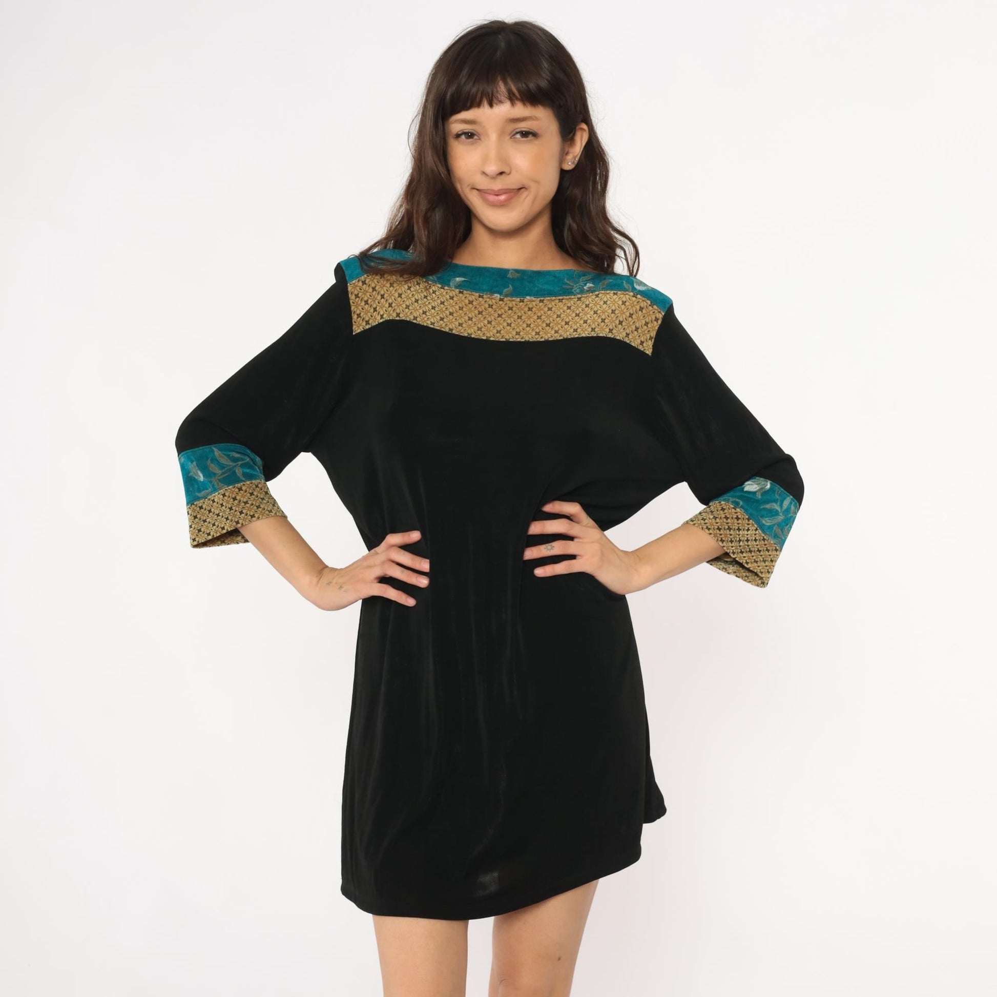 90s Vikki Vi Mini Dress Black Teal Floral Gold Colorblock Large L
