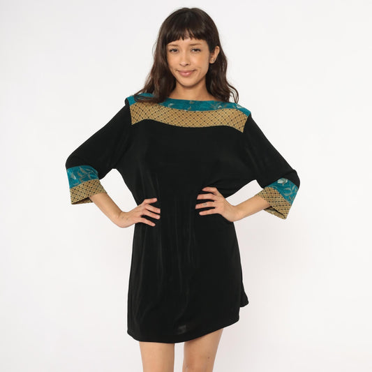 90s Vikki Vi Mini Dress Black Teal Floral Gold Colorblock Large L