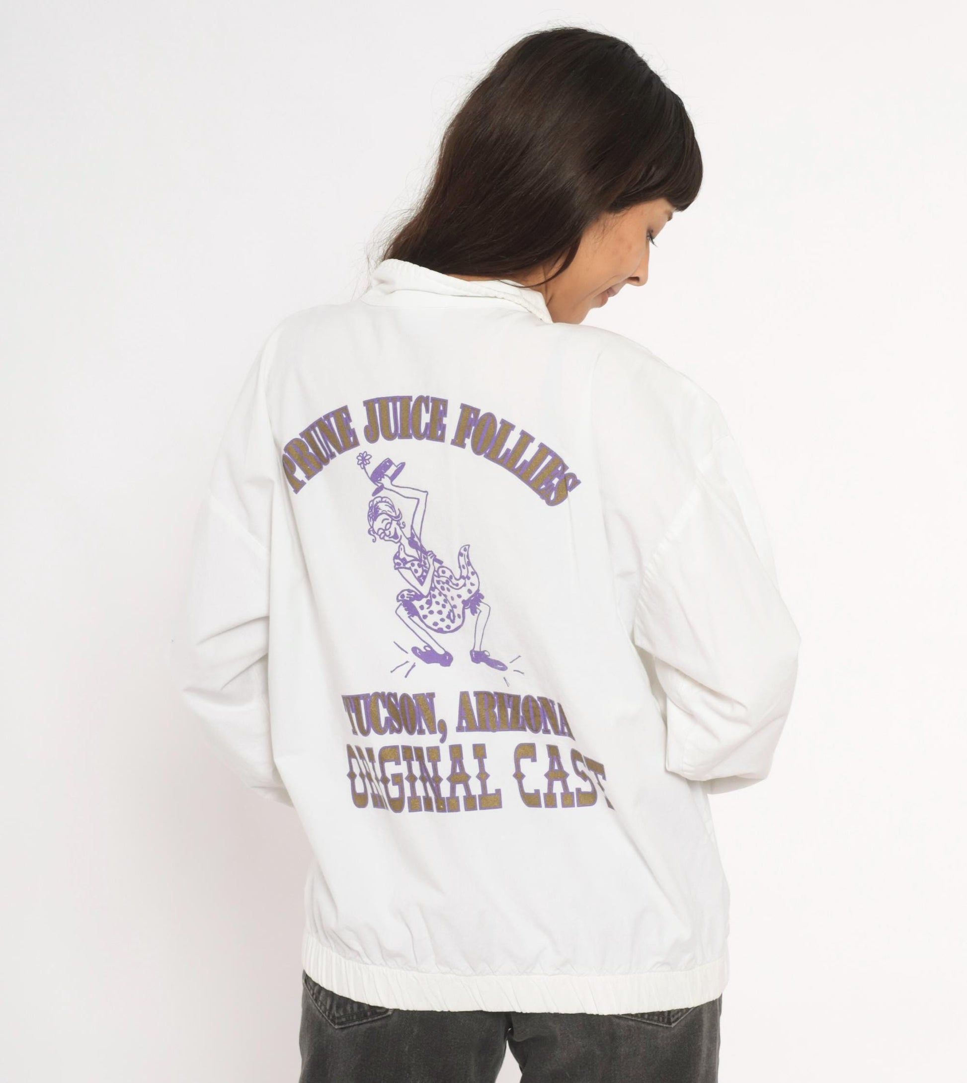 90s Cotton Fitz Prune Juice Follies Windbreaker White Purple Graphic Large