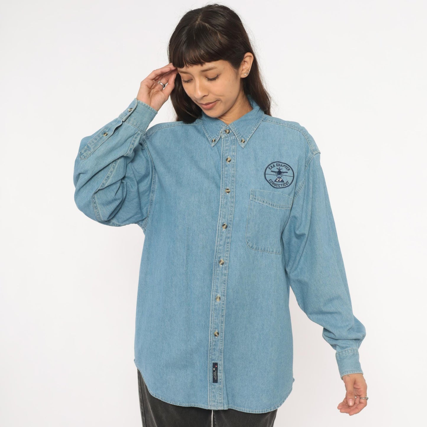 2000s Port and Company Aviation Patch Denim Shirt Light Wash Blue Medium M