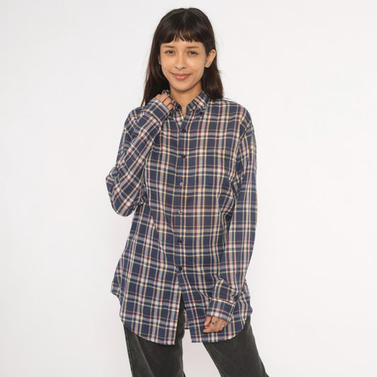 80s Men's Store Plaid Flannel Shirt Navy Blue Red Check Button Front Medium