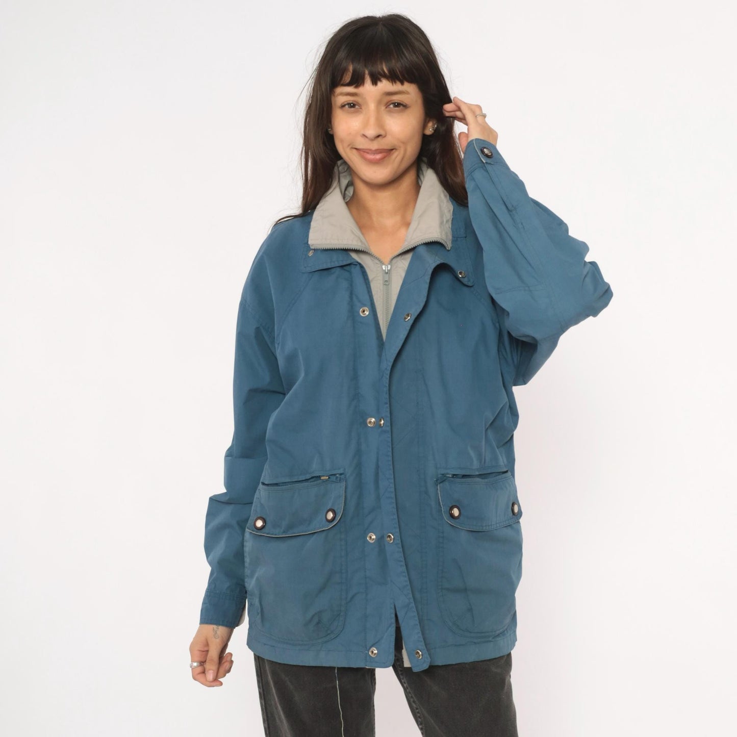 80s Whitefish Bay Slate Blue Field Jacket Grey Lined Utility Coat Small S