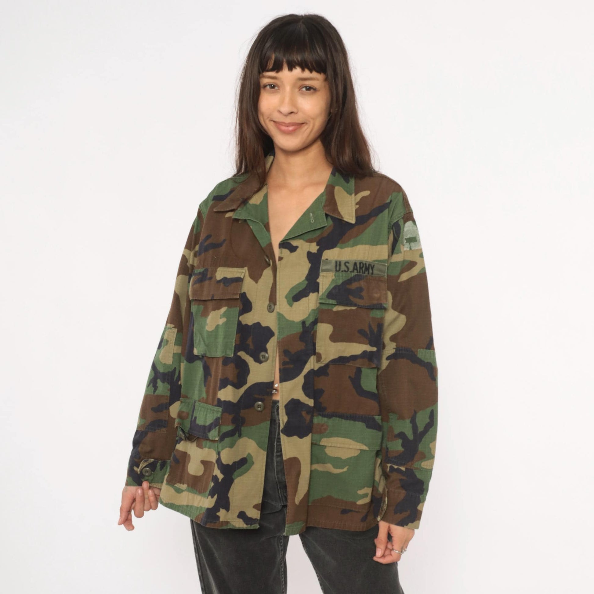 90s U.S. Army BDU Woodland Camouflage Button-Front Shirt Medium M
