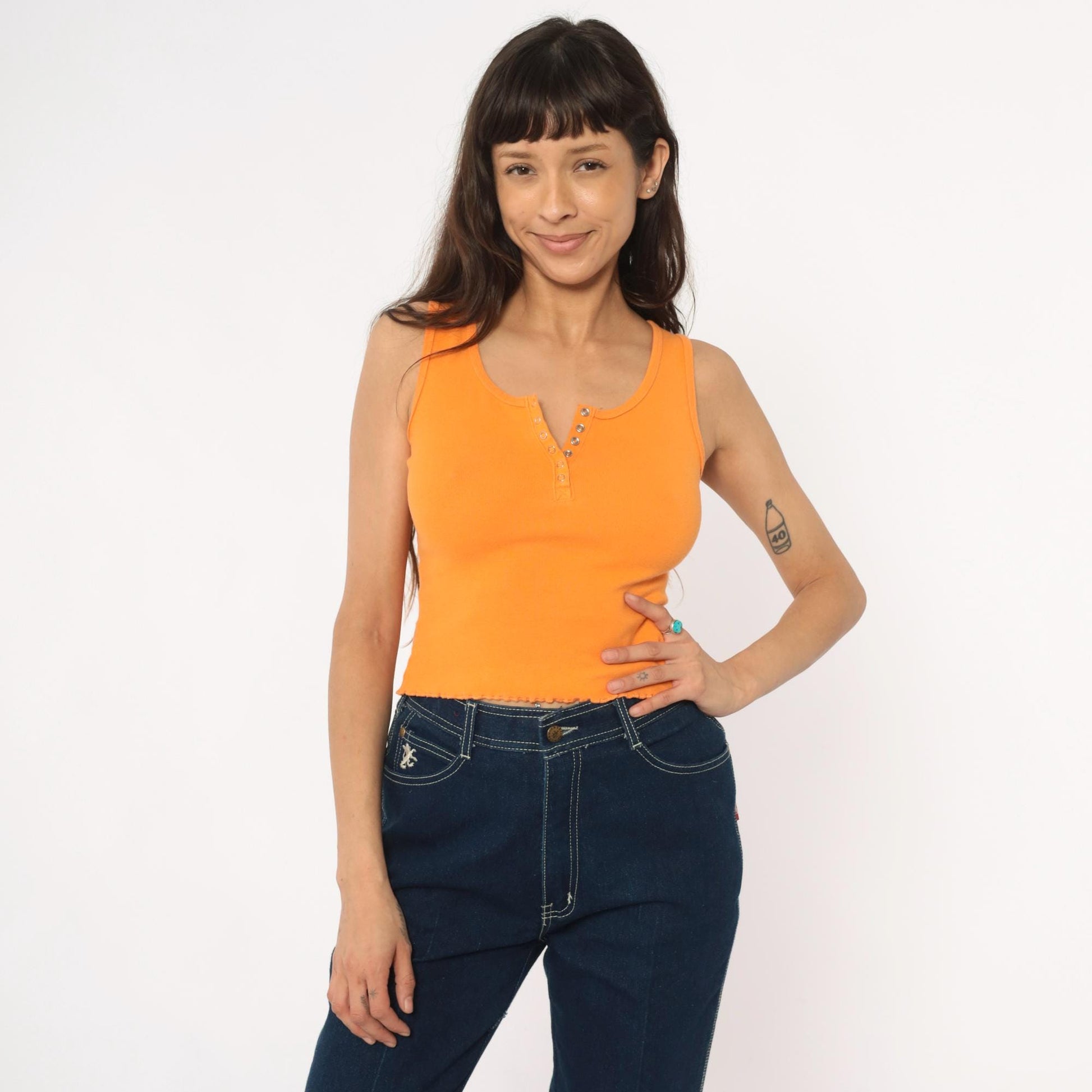 Y2K Orange Ribbed Crop Tank Top Button Front Lettuce Edge Medium M