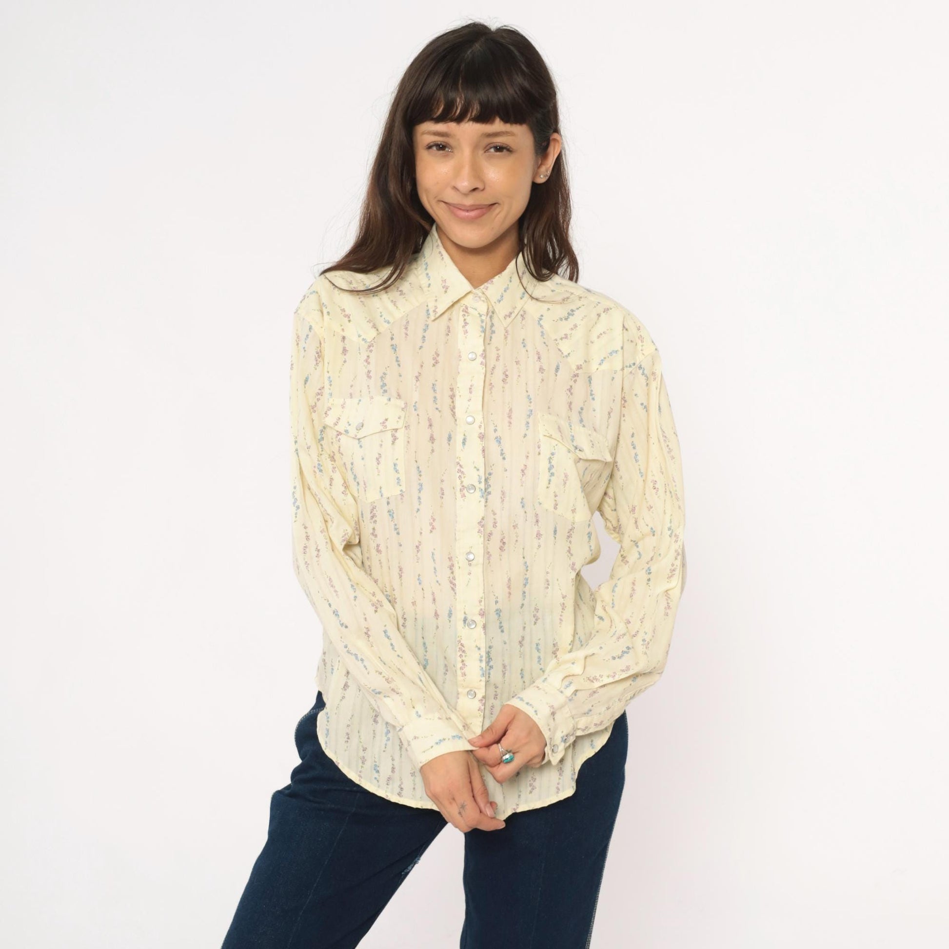 Y2K White Horse Western Shirt Pearl Snap Floral Stripe Cream Large L