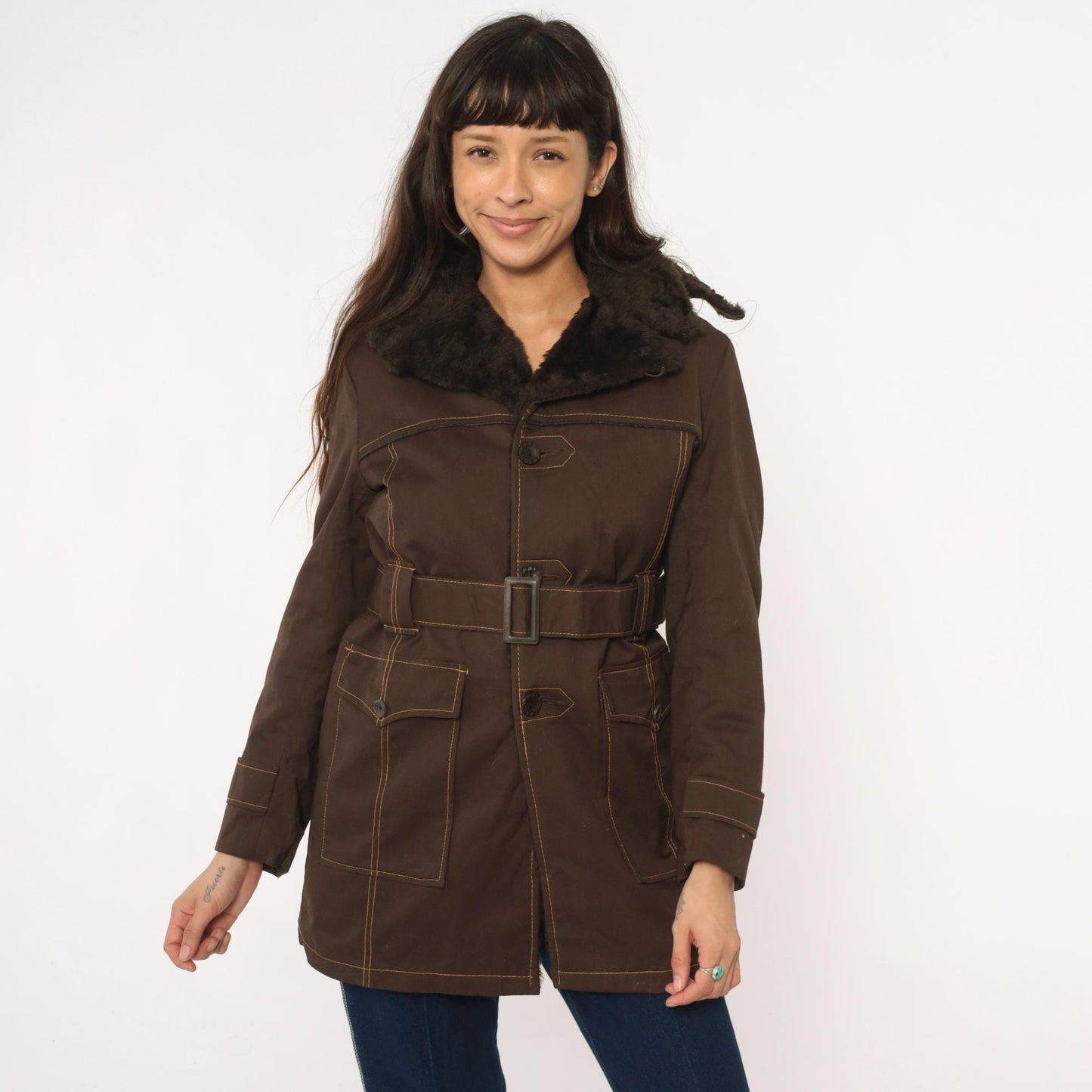 70s McGrégor Brown Parka Detachable Hood Faux Fur Collar Small