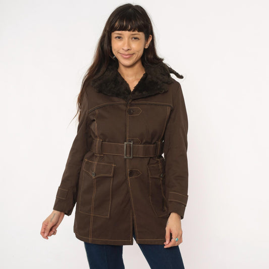 70s McGrégor Brown Parka Detachable Hood Faux Fur Collar Small