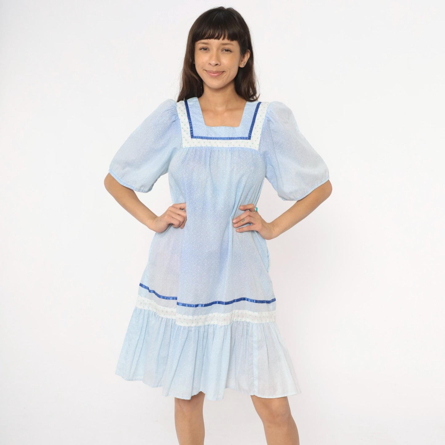 80s Light Blue Hawaiian Dress Cotton Puff Sleeve Square Neck Empire Waist Extra Small