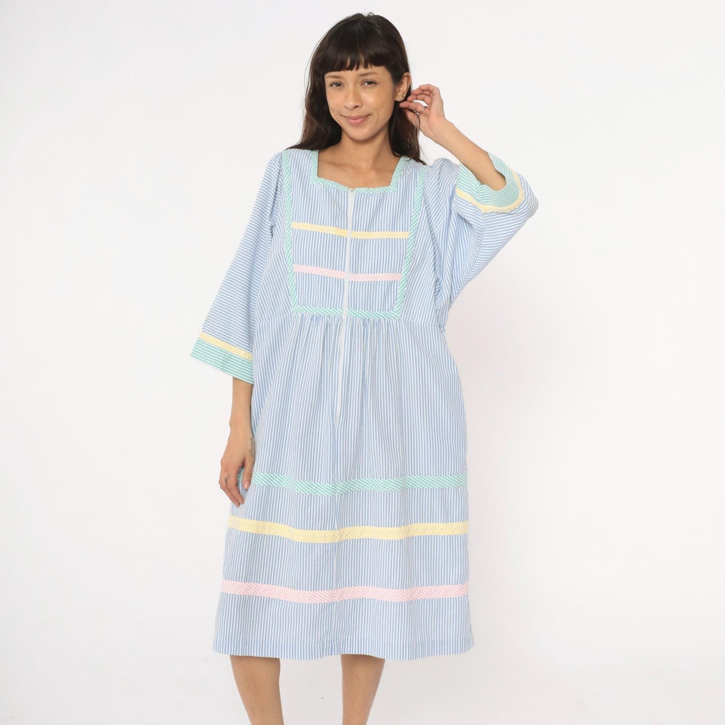 80s Saybury Seersucker Striped Dress Blue White Rickrack Trim Large