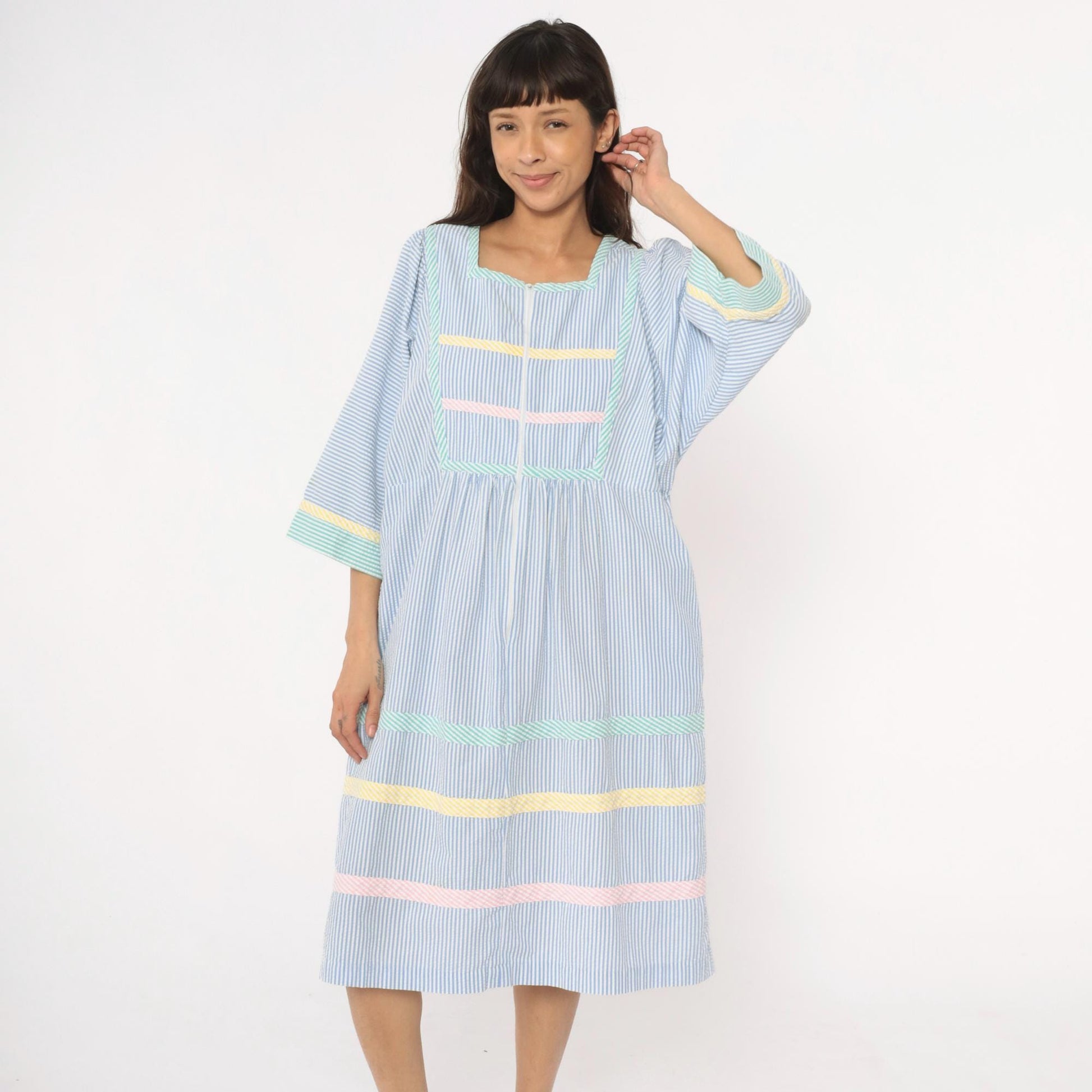 80s Saybury Seersucker Striped Dress Blue White Rickrack Trim Large