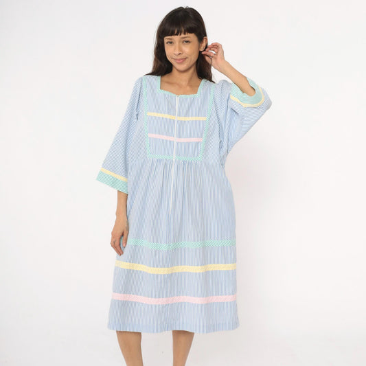 80s Saybury Seersucker Striped Dress Blue White Rickrack Trim Large