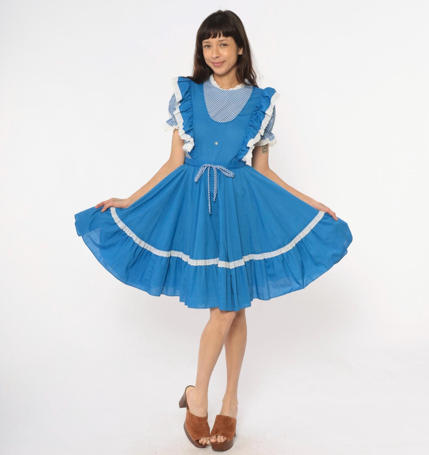 80s Jeri Bee Blue Gingham Pinafore Dress Eyelet Lace Puff Sleeve Small Medium